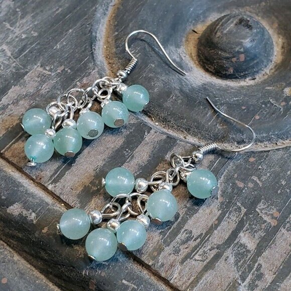 Handcrafted Malaysia Jade Green Gemstone Dangle Silver Platinum Plated Earrings - Picture 6 of 10